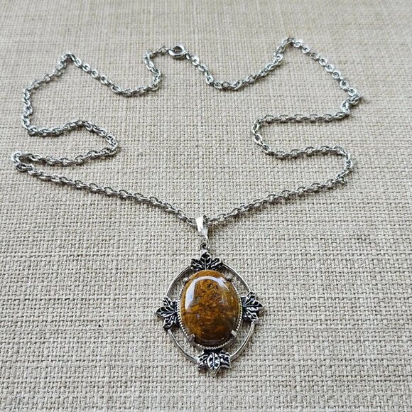 Vintage Pendant Women Necklace Brown Stone Silver Tone Chain Fashion Jewelry - Picture 7 of 12